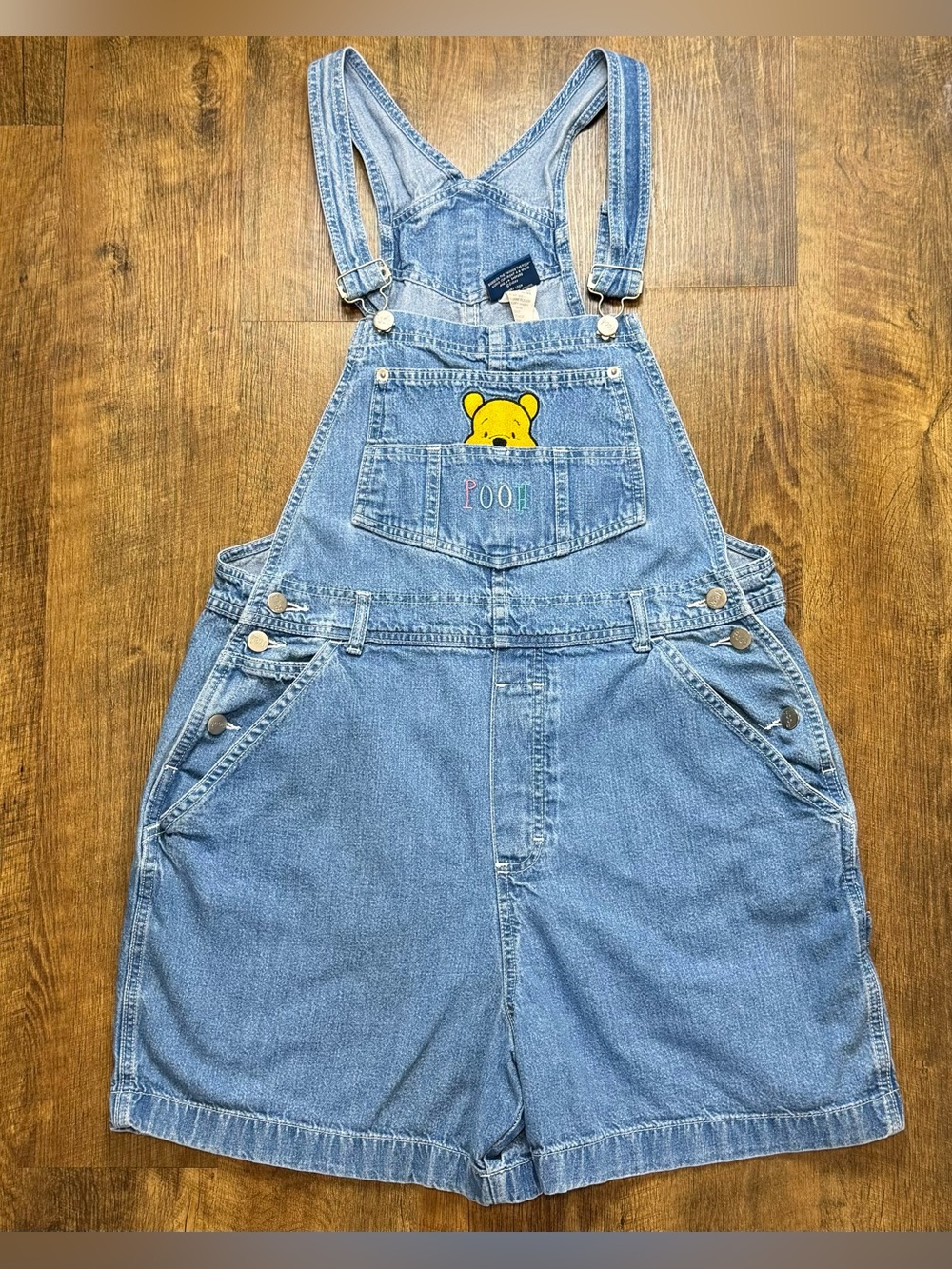 Vtg 90s Y2K Disney Winne the Pooh Denim Shortalls Overalls Sz Large Embroidered